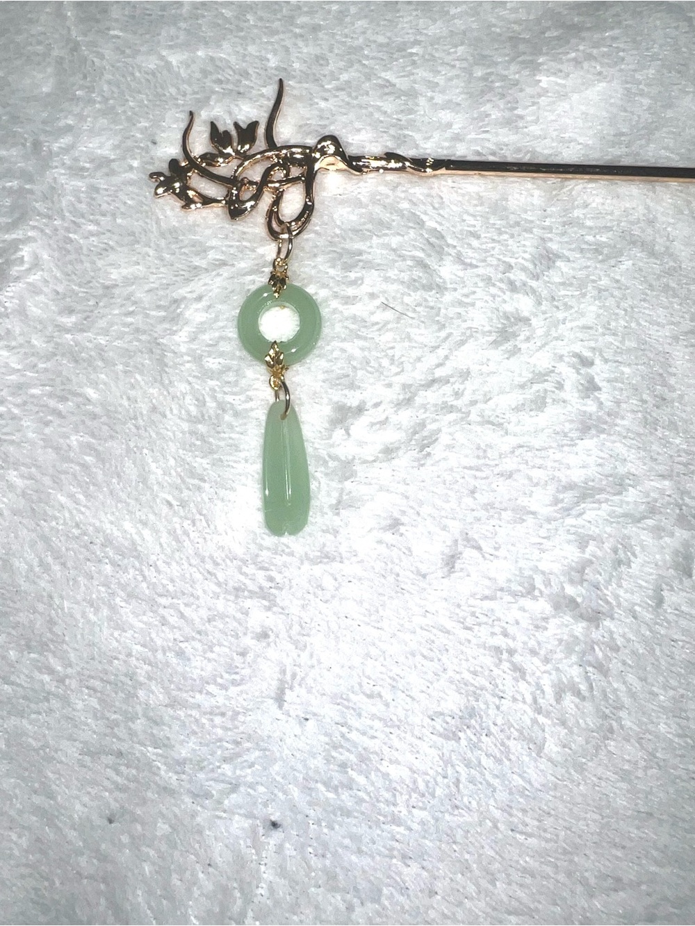 Gold-Tone Hair Stick with Pale Green Jade Drops